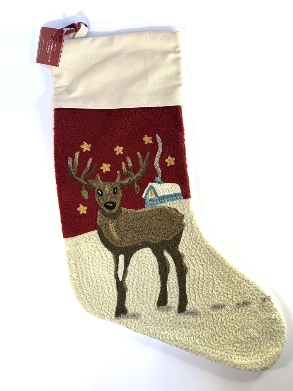 NWT Pottery Barn Embroidered Crewel Reindeer Christmas Stocking 19” Cotton